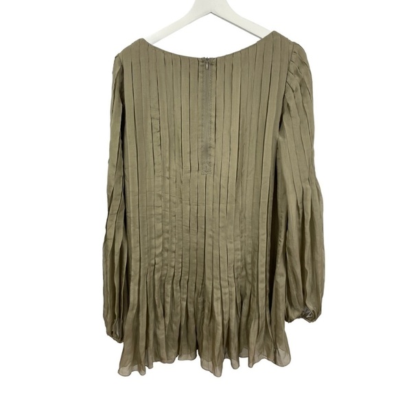 ANDY The-Ahn 100% Silk Pleated Olive Long Sleeved Tunic Size 10 - Picture 3 of 9